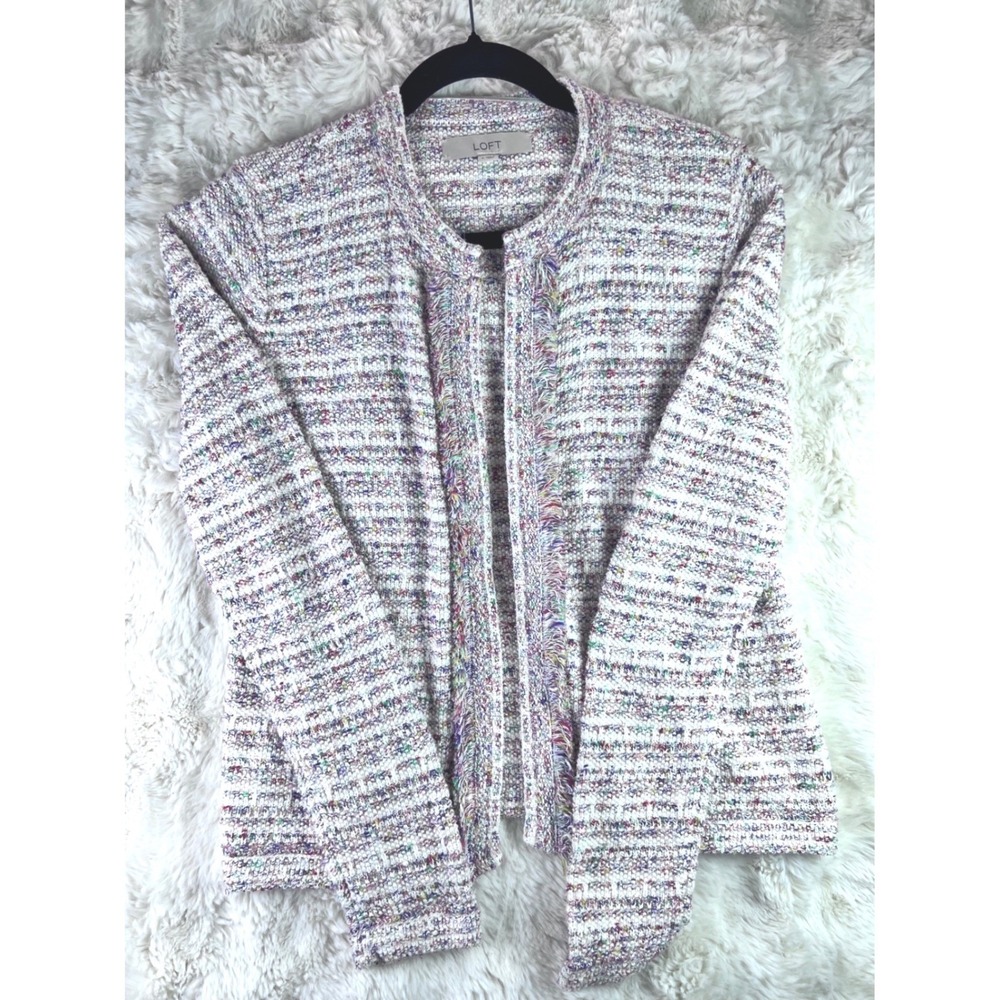 LOFT Women Confett Knit Fringe Open Front Cardigan Sweater Multicolor Size S A12